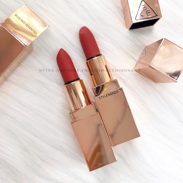 SON 3CE MATTE LIP COLOR VỎ VÀNG MÀU 228 RED SEVENTIES – MÀU ĐỎ TRẦM PHA CAM HỒNG