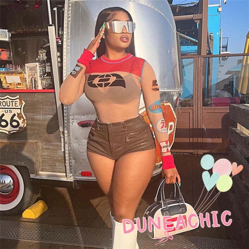 DUNEA Áo Thun Tay Dài In Họa Tiết Phối Lưới Thời Trang Cho Nữ