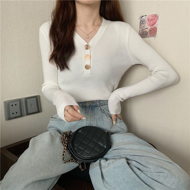 Áo Sweater cổ chữ V màu đen thời trang thu đông cho nữ