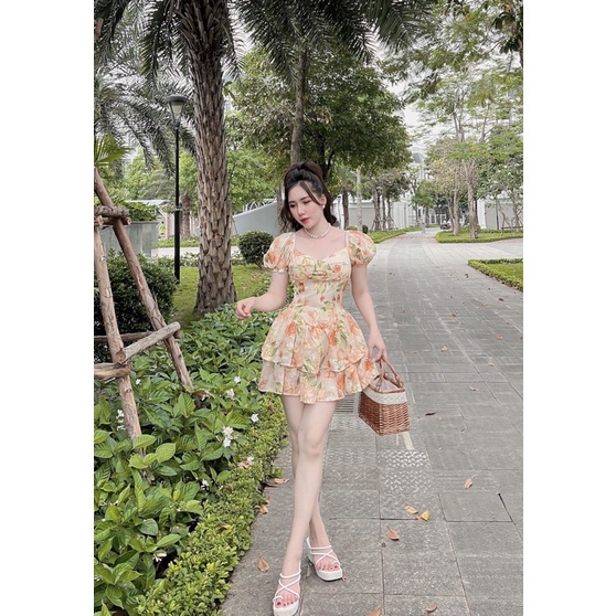 Váy tơ hoa tầng triết eo babi