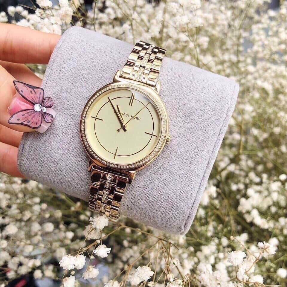 Đồng hồ nữ cao cấp đồng hồ nữ Michael Kors Cinthia Gold-Tone Watch MK3681-máy pin-Dây thép không gỉ-size