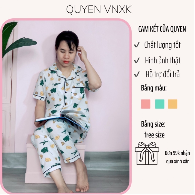 Bộ mặc nhà nữ đẹp, Áo cộc quần dài, chất đũi xốp mềm mát, kiểu dáng dễ thương, đường may kỹ