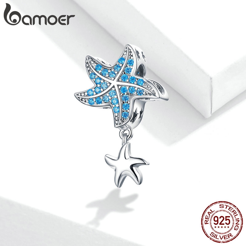 Hạt mặt trang sức Bamoer xi bạc 925 sterling hình sao biển phối đá màu xanh dương cho nữ