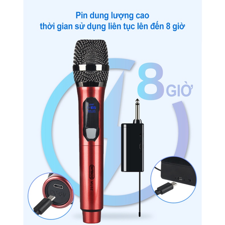 Micro hát karaoke chất liệu thép - míc hát chuyên nghiệp Ontekco Mu02 màu xanh đỏ không dây