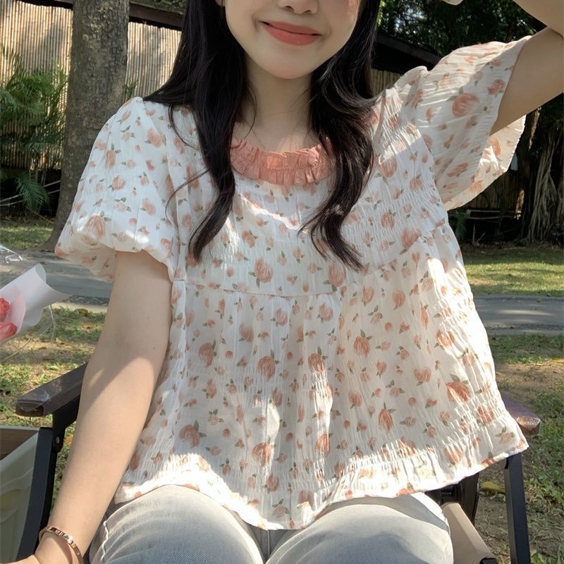 Áo Sơ Mi babydoll Tay Ngắn In Hoa Kiểu Hàn Quốc