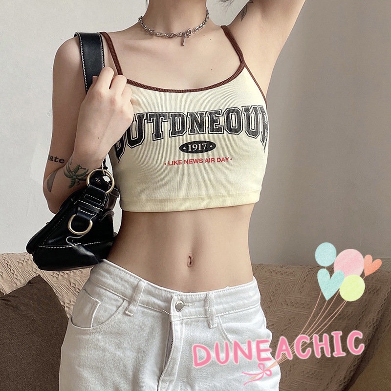 DUNEA Áo Tank Top Hai Dây Hở Lưng In Chữ Phong Cách Đường Phố