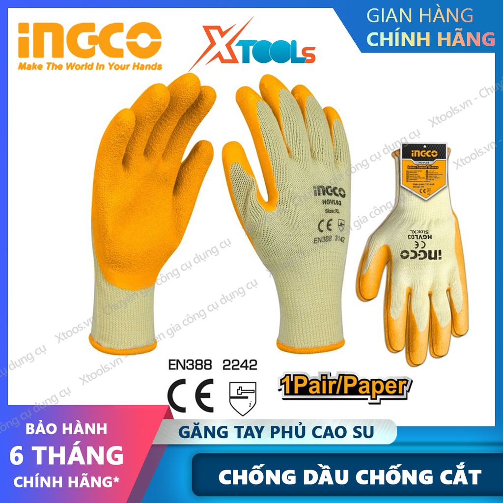 Găng tay bảo hộ lao động phủ cao su đa năng INGCO HGVL03 bao tay phủ PU chống cắt trơn trượt chống dầu tăng độ bám