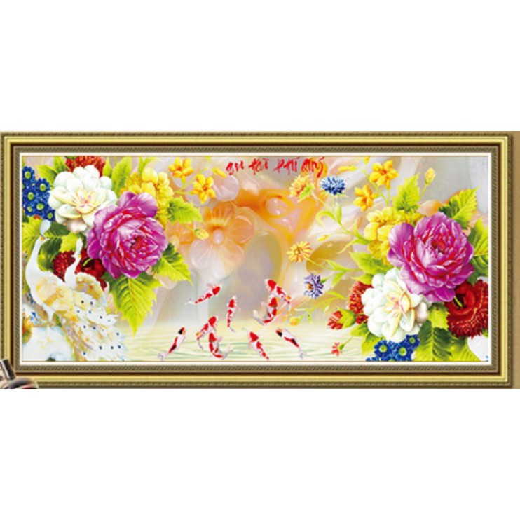 TRANH ĐÍNH ĐÁ CỬU NGƯ QUẦN HỘI HOA MẪU ĐƠN VS072 (100X48)