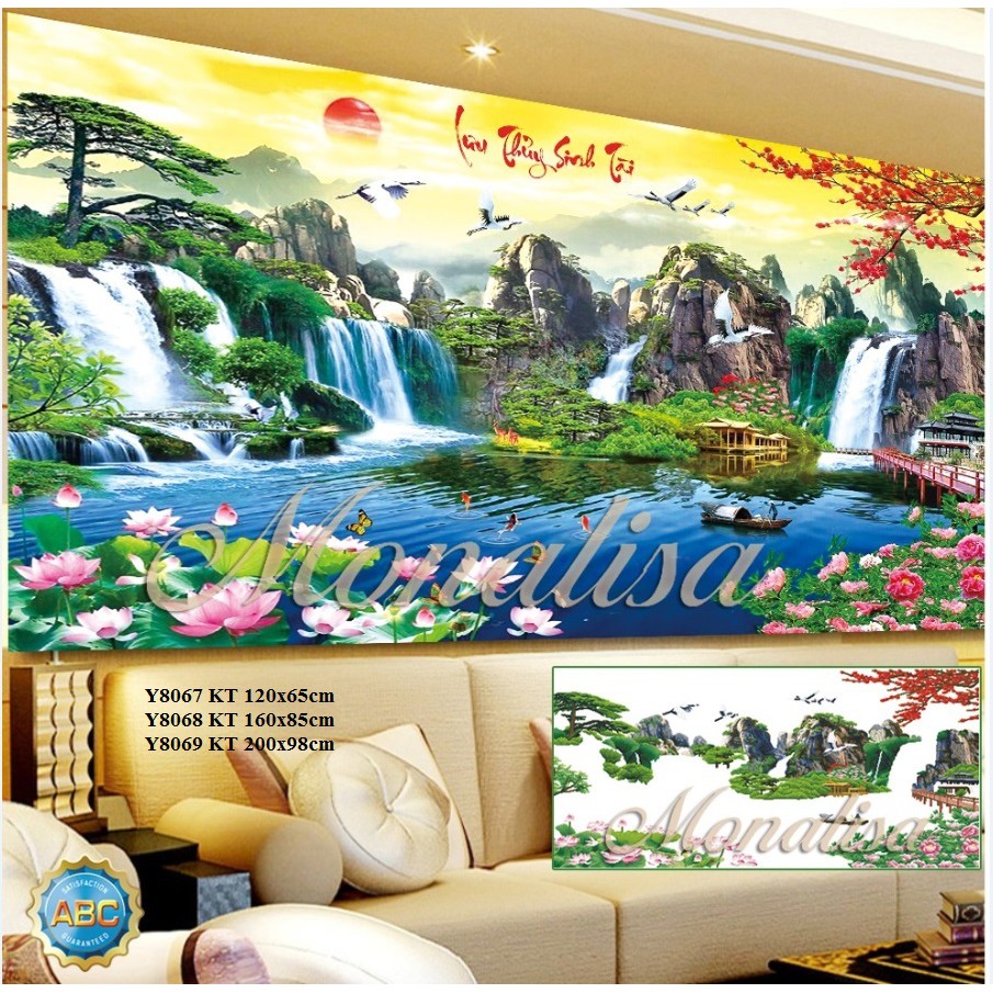 Tranh đính đá phong cảnh non nước hữu tình KT:120x65cm,160x80cm. Tranh gắn đá tự làm.