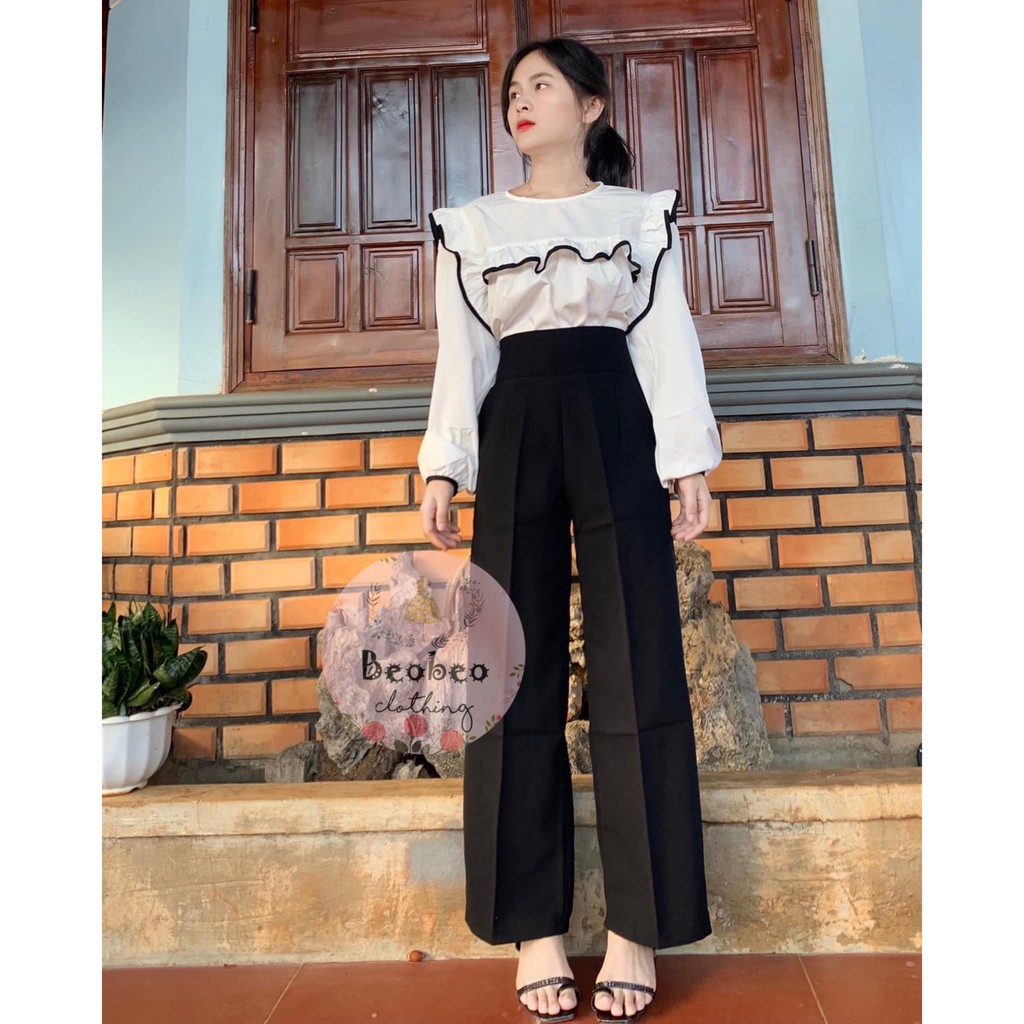 Áo babydoll sơ mi tay bo phồng bèo viền đen dễ thương
