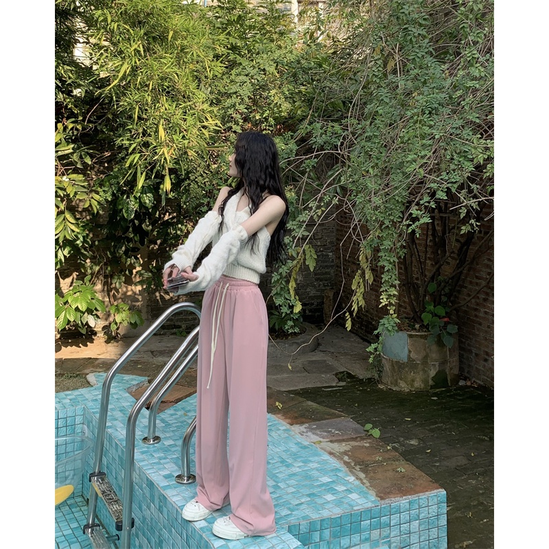 Quần ống rộng Lưng Cao Phối Dây Rút 3 Màu Thời Trang Cho Nữ