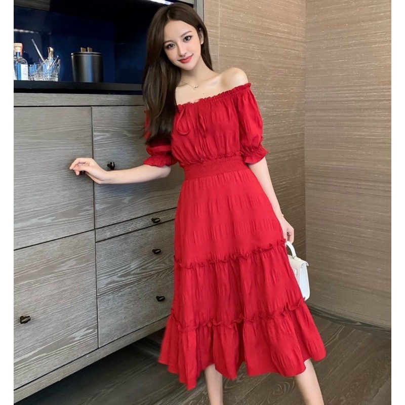 [Mã FATHANG5 giảm 10K đơn 50K] Đầm đỏ tầng thun vai | BigBuy360 - bigbuy360.vn