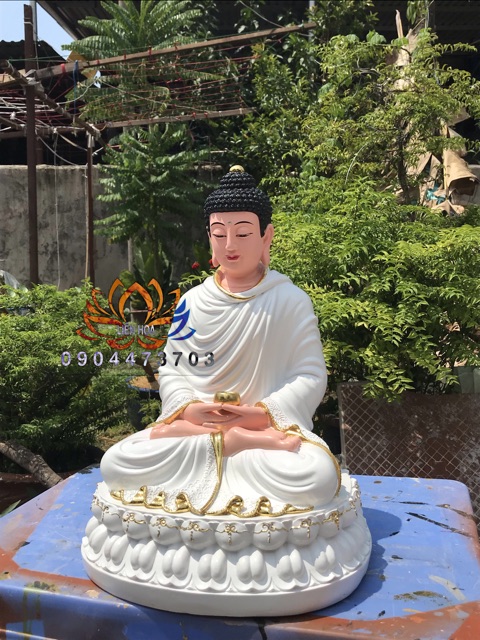 Tượng Bôn Sư Thích Ca cao 40cm màu trắng dát vàng viền Đài Loan