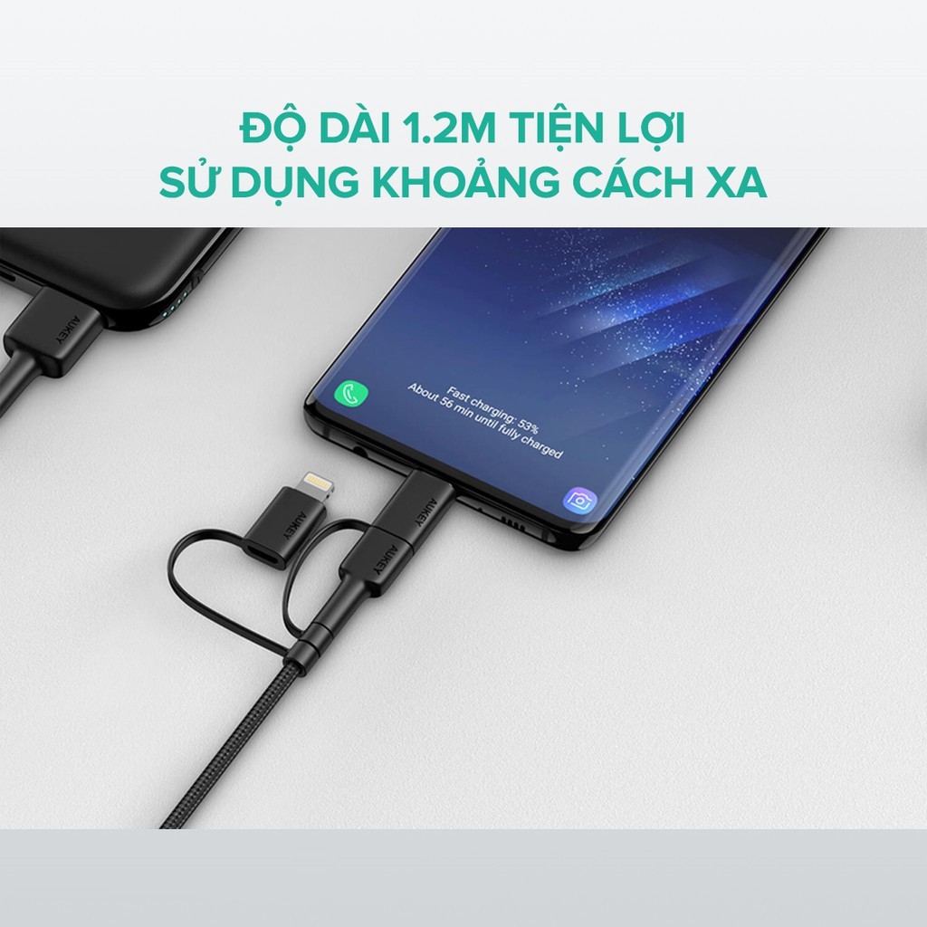 Cáp Sạc Nhanh 3 Trong 1 Aukey CB-BAL5 3 Cổng Lightning chuẩn MFi , Type C, Micro USB, Siêu Bền -  Bảo hành 24 Tháng