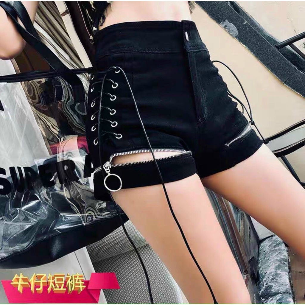 Quần sọt đùi kaki lưng cao đan dây phối dây kéo cá tính ngầu đủ size LY42