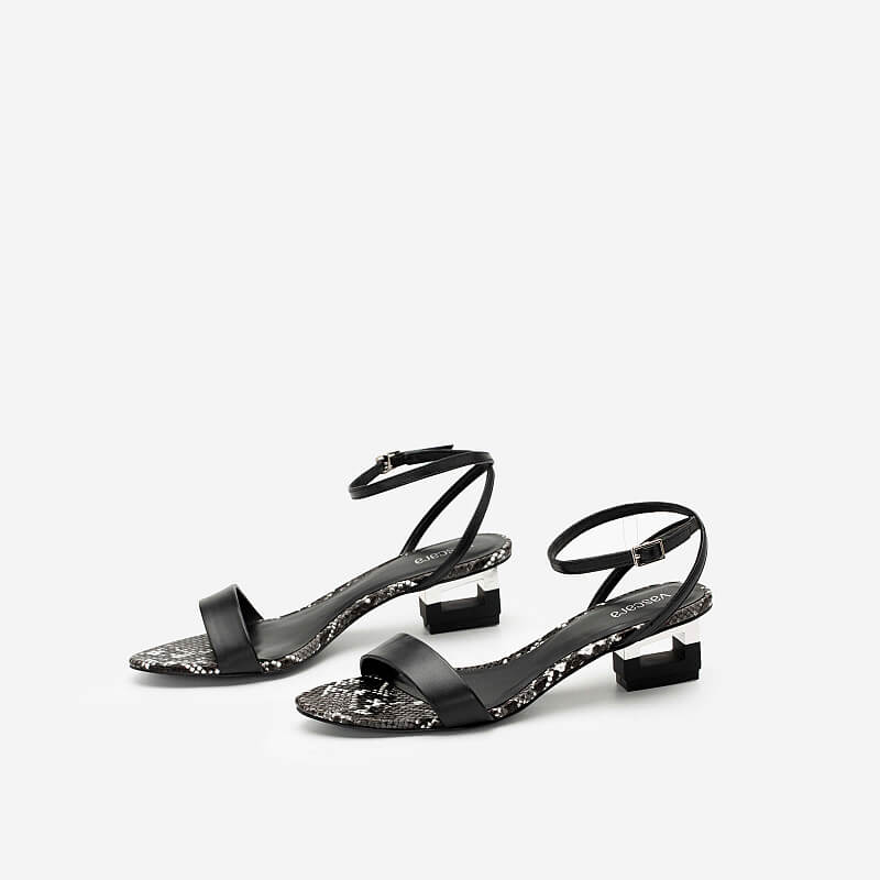 Vascara Giày Sandal Gót Hình Khối Đa Giác Phối Da Rắn SDN 0685 Đen