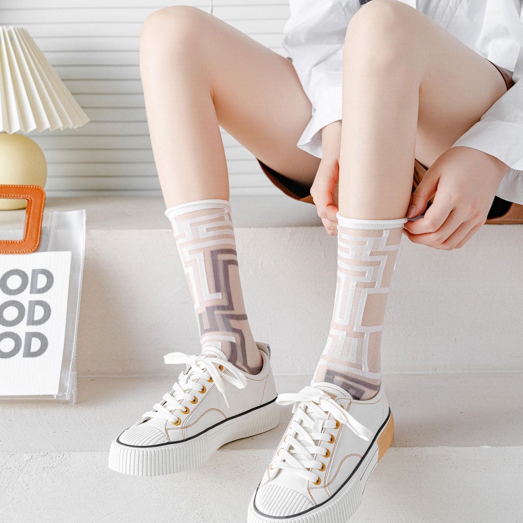 Vớ WAFNHA D482 cotton mỏng xuyên thấu thoáng khí phong cách Pháp thời trang xinh xắn dành cho nữ