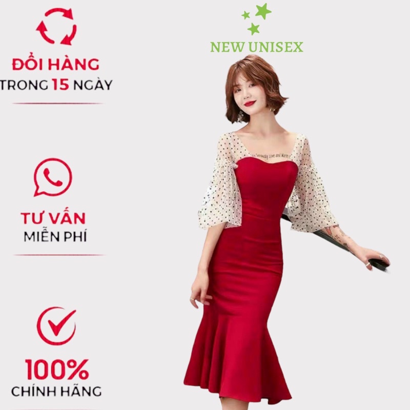 Đầm Đuôi Cá Đỏ Chất Liệu Mango Phối Lưới Tay Mặc Đẹp Tôn Dáng Yêu Kiều [NEW UNISEX]