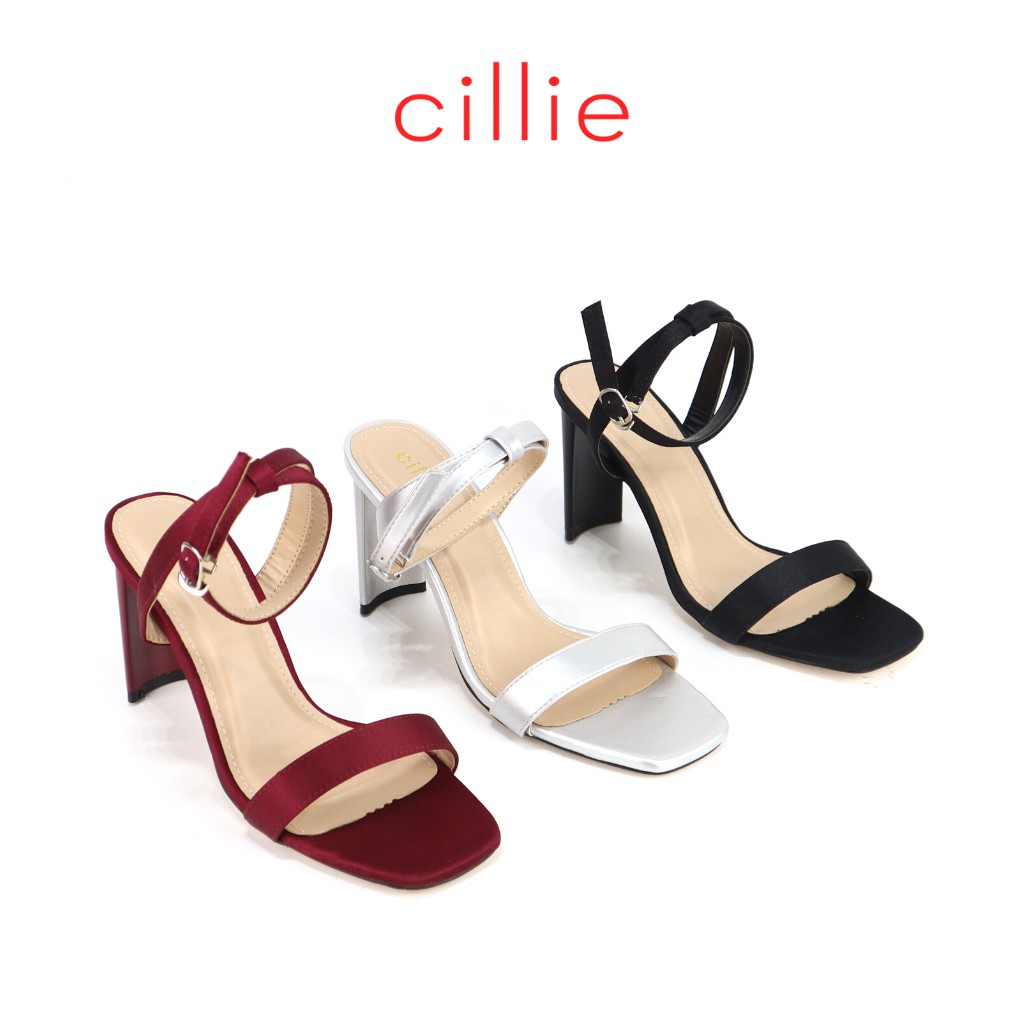 Giày sandal cao gót nữ quai ngang basic phối satin điệu đà sang chảnh gót thanh mảnh cách điệu cao 8cm Cillie 1106