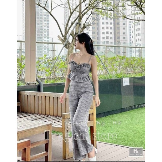 Sét Bộ 2 Món Áo Hai Dây Bèo Kết Hợp Quần Ca rô Chất Kate Bố Mặc Thoải Mái Phù Hợp Đi Chơi, Du Lịch Mọi Nơi [NEW UNISEX]