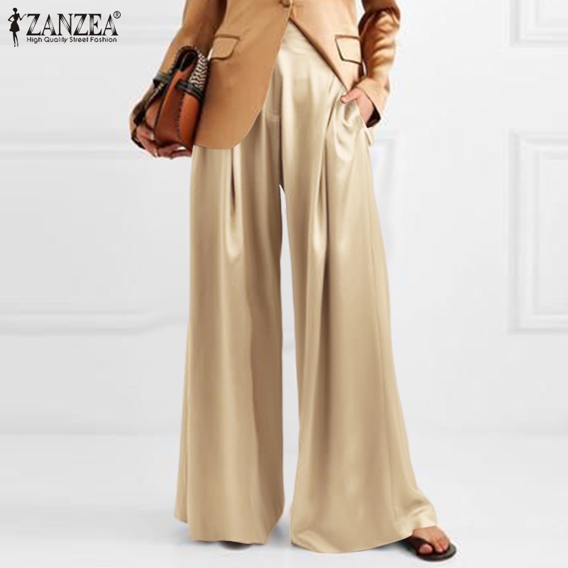 Quần dài ZANZEA bằng lụa satin ống quần rộng thời trang thường ngày dành cho nữ