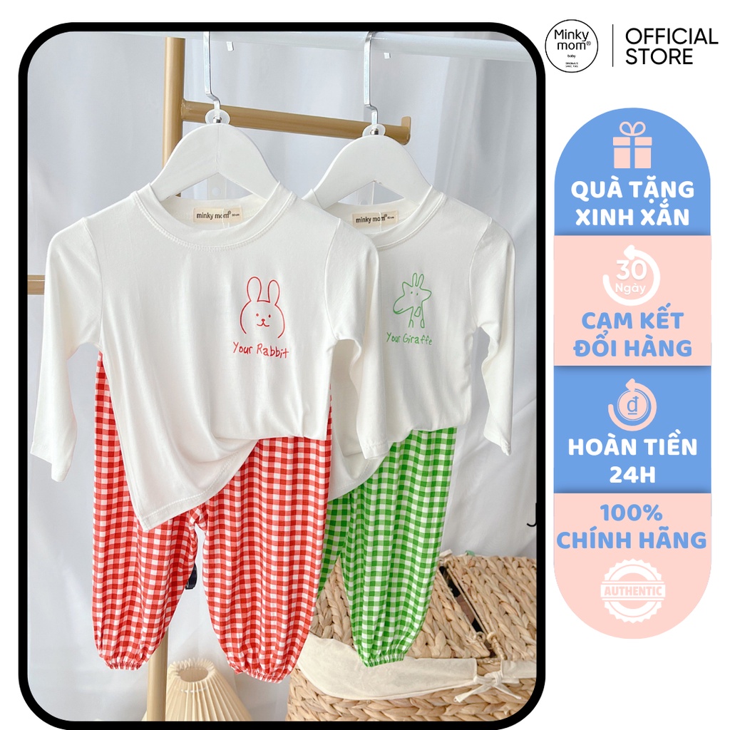 [SALE] Bộ Quần Áo Alibaba Bé Gái, Bé Trai Minky Mom In Ngực Quần Caro, Bộ Dài Tay Thun Lạnh Cho Bé Mặc Nhà MKMTD2214