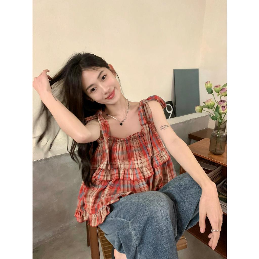 QADCOL Áo Hai Dây Dáng Rộng Họa Tiết Sọc Caro Phong Cách retro Thời Trang Mùa Hè Cho Nữ