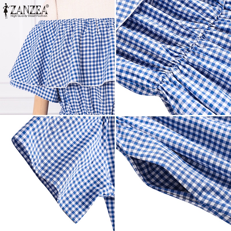 Đầm Zanzea trễ vai tay ngắn họa tiết sọc caro thời trang xinh xắn cho nữ
