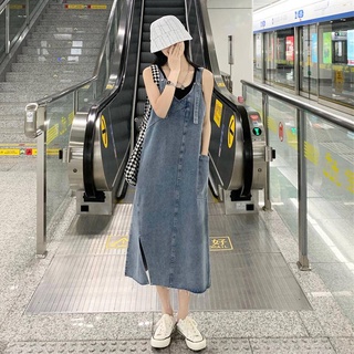 Đầm denim dài dáng suông thoải mái kiểu hai dây xẻ tà misskkl