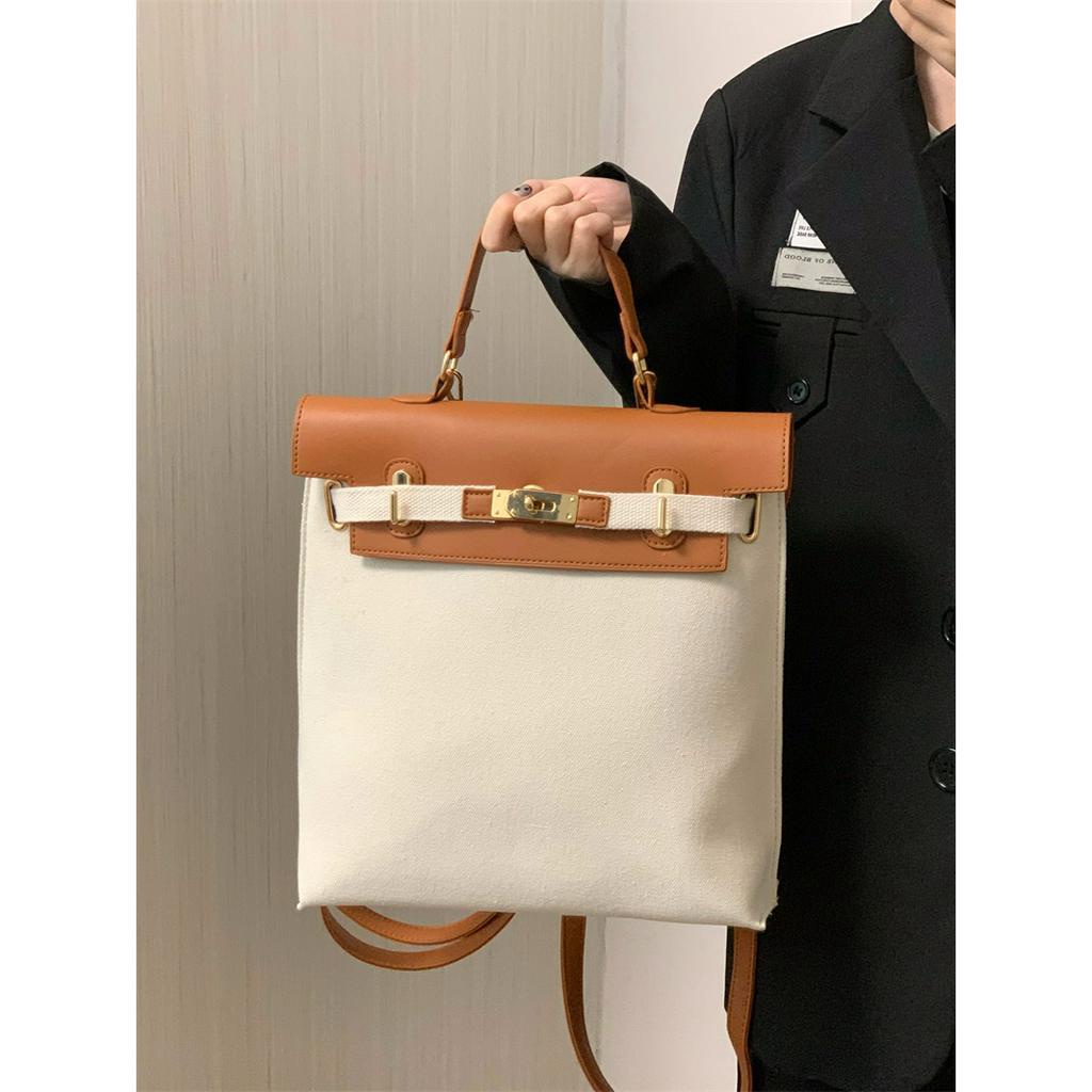 Balo cặp nữ đi học đi làm thời trang cao cấp giá rẻ vải phối da màu nâu trắng BLN0008 Hana Bags