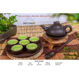 Bộ ấm chén tử sa Gốm sứ Bát Tràng (ấm 140ml) - ấm trà đen, đĩa đơn, nắp quả đào