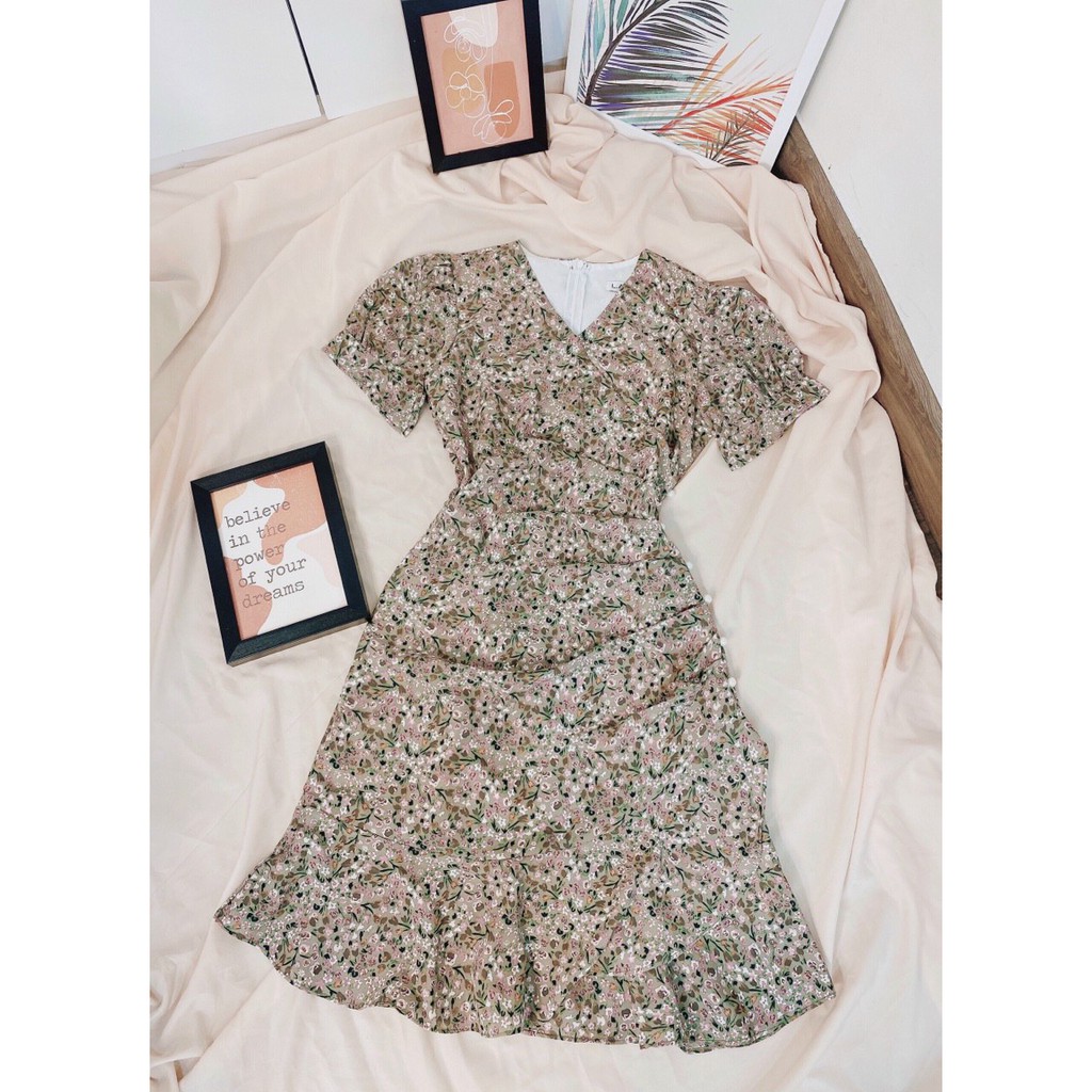 Đầm Hoa Nhí Vintage ❤️FREESHIP❤️ Dáng Xòe Cổ V Tay Ngắn Xếp Ly Eo Đính Hạt | BigBuy360 - bigbuy360.vn