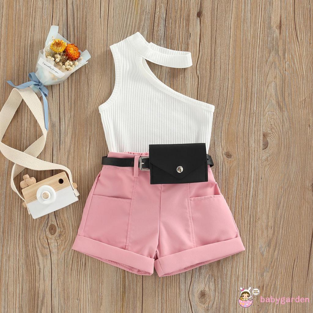 BABYGARDEN-6months-4years Baby Girl Tanks Tops + Shorts + Waist Bag, Pockets Decoration Casual Style Summer Clothing Set