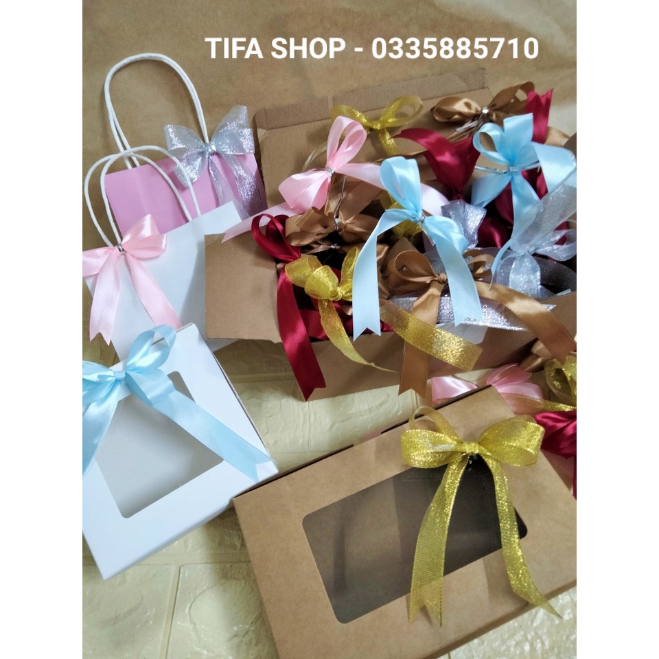 Nơ thắt sẵn, nơ ruybang lụa trang trí túi giấy, hộp quà có sẵn