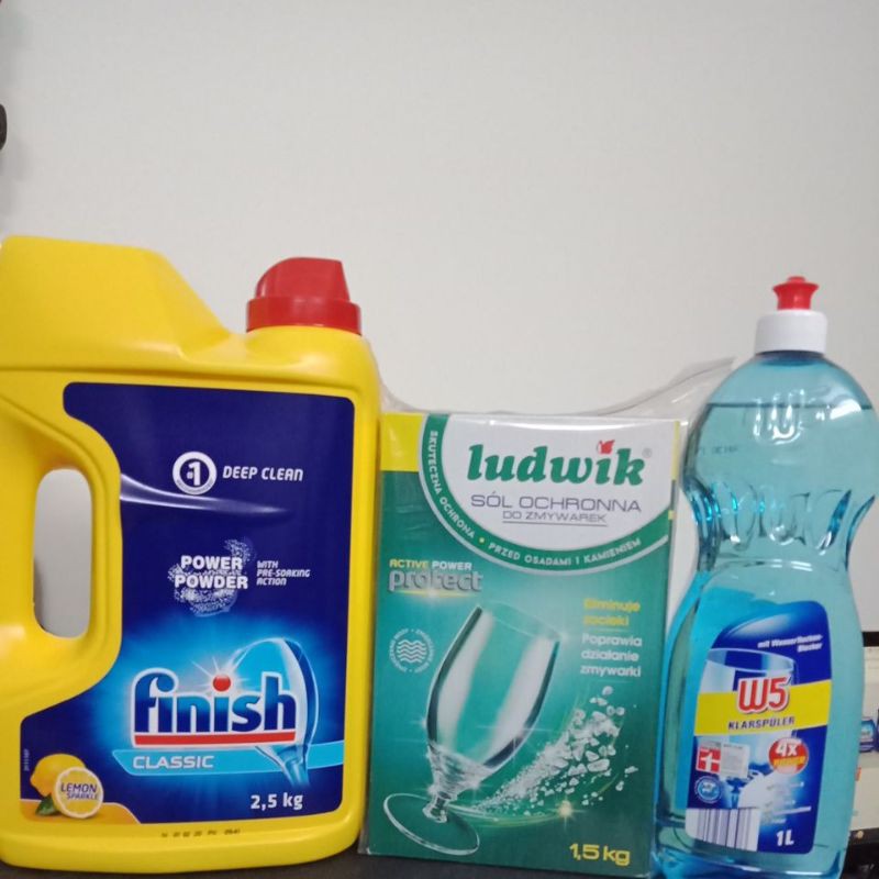 bộ sản phẩm bột rửa bát finish + muối rửa bát Ludwik 1500g + nước làm bóng w5 chai 1000 ml