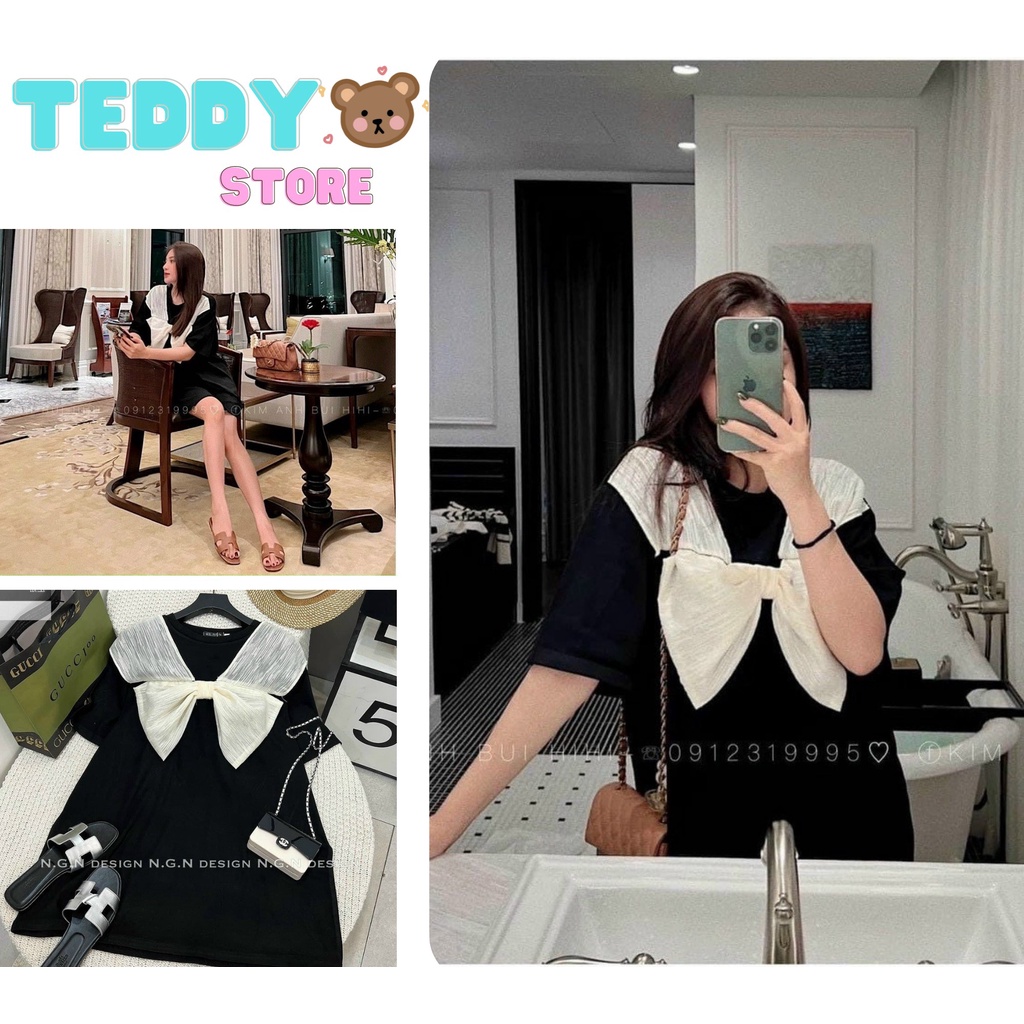 Váy Đầm Nữ Thắt Nơ Ngực ,Váy Xòe Màu Đen Tay Bồng Chất Thô Lụa Mềm Mịn Phong Cách Tiểu Thư Sang Chảnh.