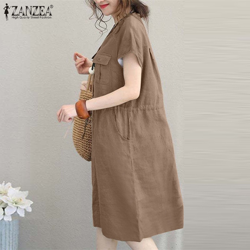 Zanzea Đầm Midi Dây Rút Cổ Chữ V Màu Trơn Thời Trang Nữ Tính