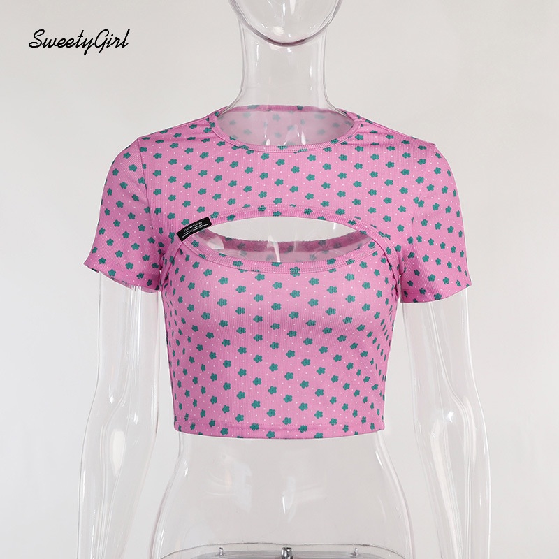 Áo Thun Ngắn Tay Khoét Eo Phối Màu Tương Phản 2022 Họa Tiết Hoa Dễ Thương Thời Trang Cho Nữ