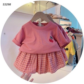 Sét áo hồng cherry chân váy kẻ xếp ly cho bé