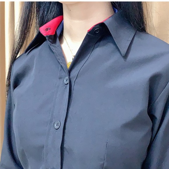 Áo sơ mi Nữ màu đen, Áo sơ mi dài tay công sở phối viền cổ đỏ đẹp !