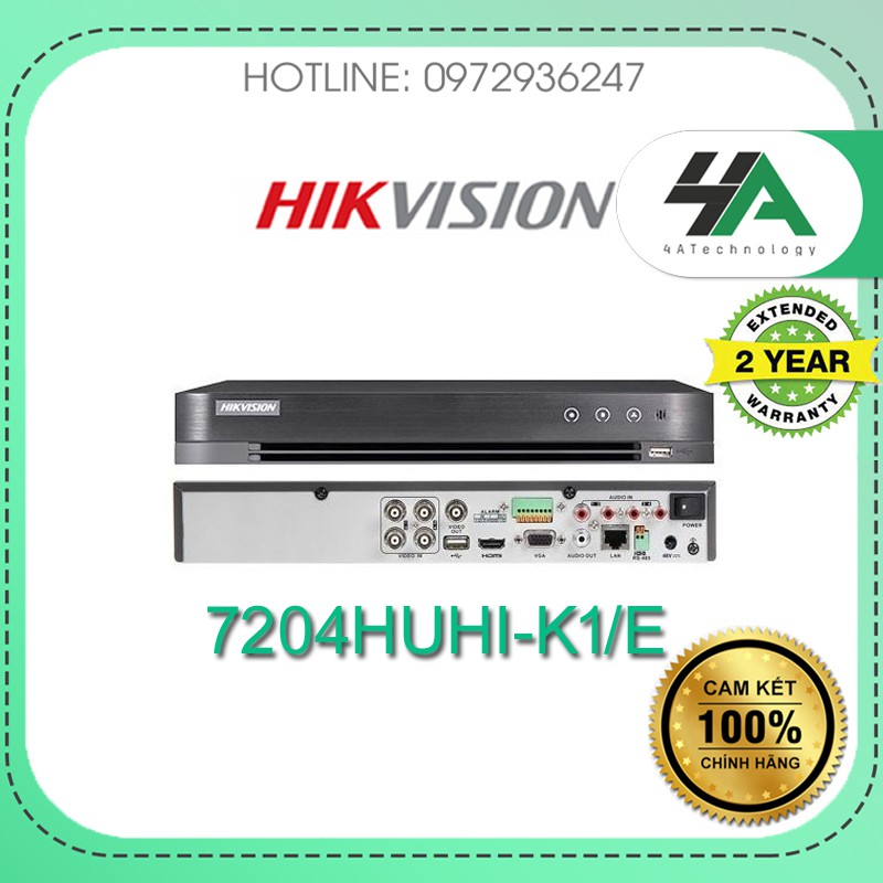 Đầu ghi hình analog 4 kênh 5MP HIKVISION 7204HUHI-K1/E(S), hỗ trợ cam mic (chính hãng Hikvision Việt Nam)