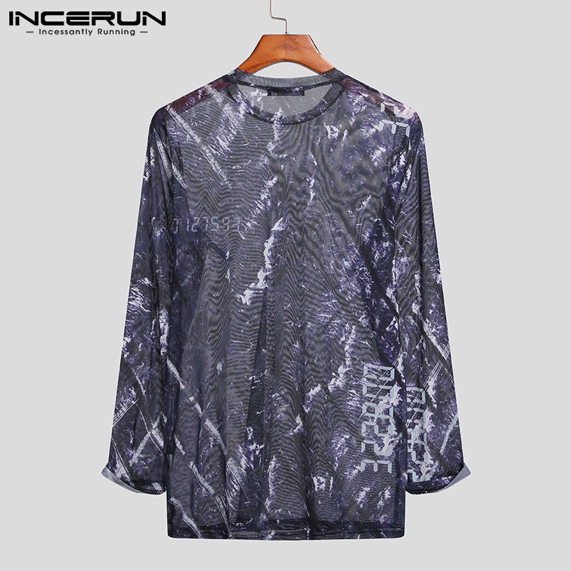 Áo kiểu INCERUN dành cho nam thiết kế tay dài cổ tròn co giãn vải lưới trong suốt mùa hè