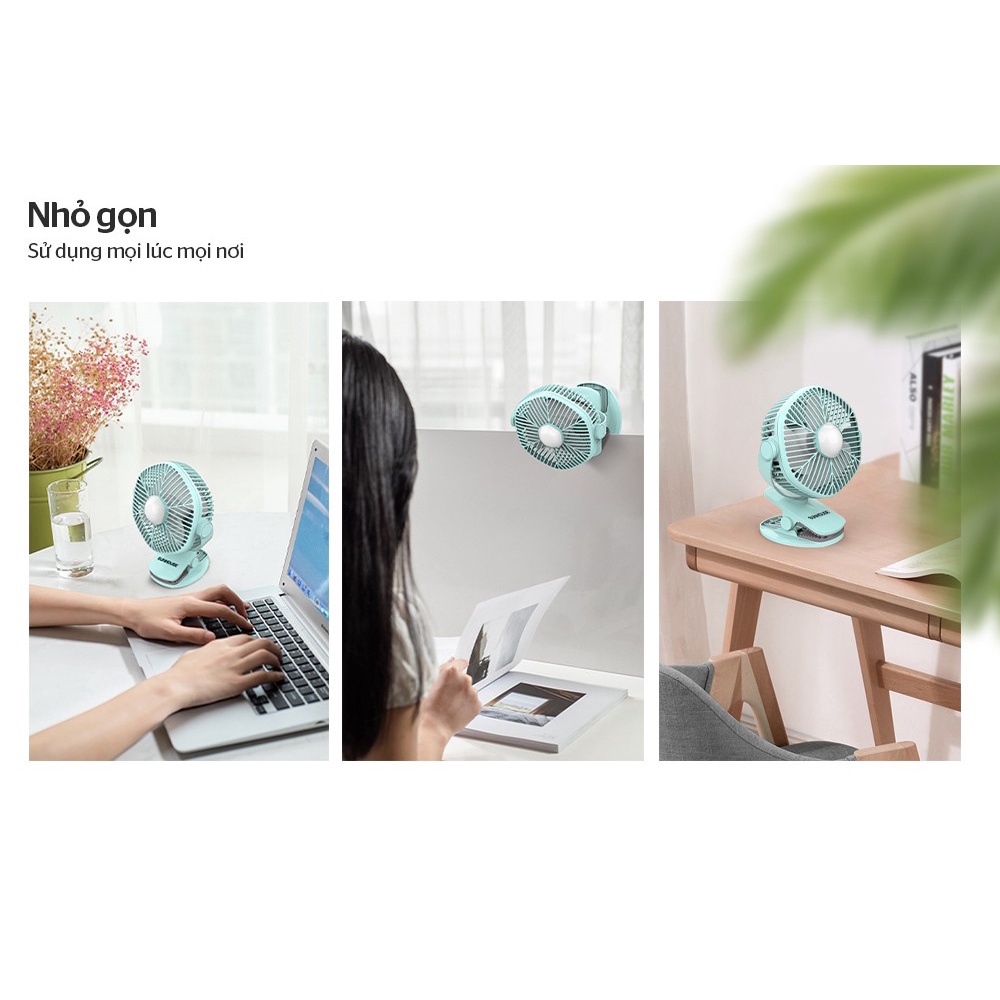Quạt mini kẹp bàn -Quạt tích điện Sunhouse thích hợp cho dân Văn Phòng, Xoay 360 độ, Kẹp chắc chắn-BH 12 THÁNG