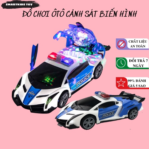 Đồ chơi xe ô tô cảnh sát biến hình, xoay 360, có đèn, có nhạc loại tốt
