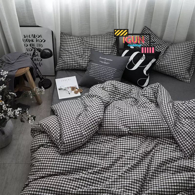 Bộ Chăn Ga Gối Cotton Poly set 4 món nhập khẩu CARO MUJI XÁM ĐEN