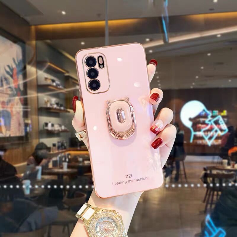 Ốp điện thoại viền dẻo mạ màu kèm giá đỡ hình chú gấu cho OPPO RENO6 RENO6 Z 5G RENO6 PRO 5G RENO6 5G