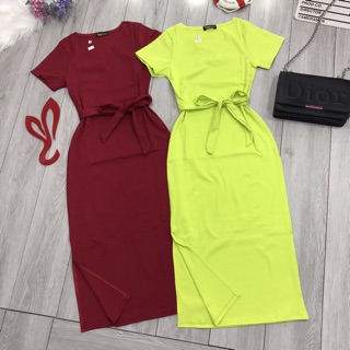 Đầm thun cổ đắp chéo cột eo