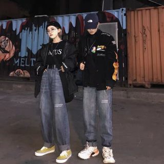 Quần bò ống rộng unisex ulzzang in chữ kẻ vân siêu chất ❤