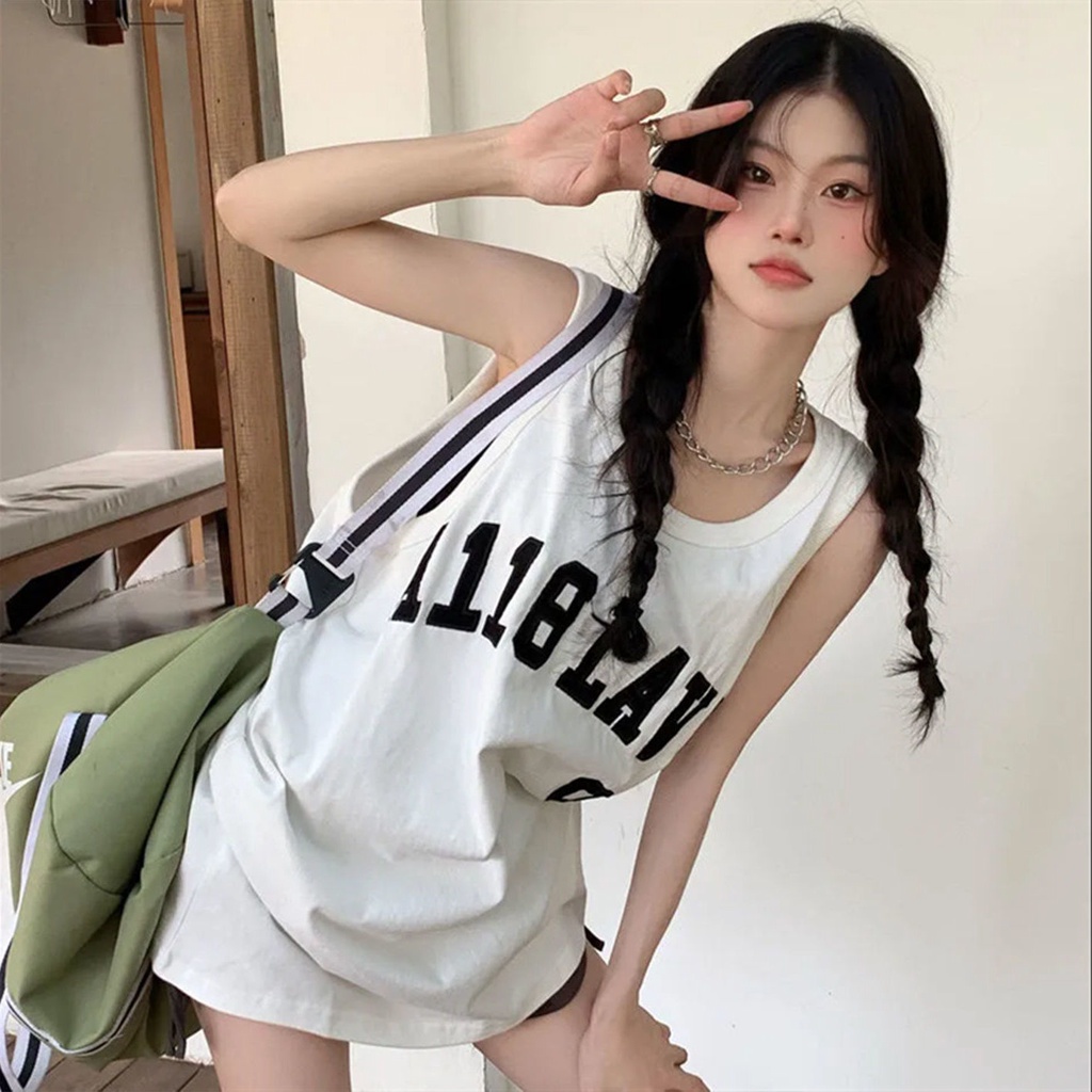 Áo Thun cotton Không Tay Dáng Rộng In Chữ Phong Cách Mỹ Thời Trang Mùa Hè Cho Nữ