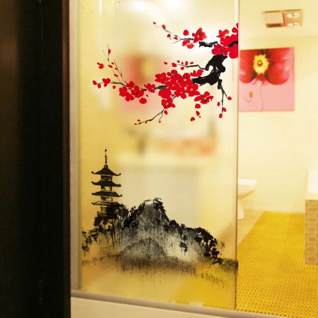 Decal trang trí kính cao cấp phong cảnh Tháp Núi cùng hoa Đào đỏ ( 60cm x 116cm)